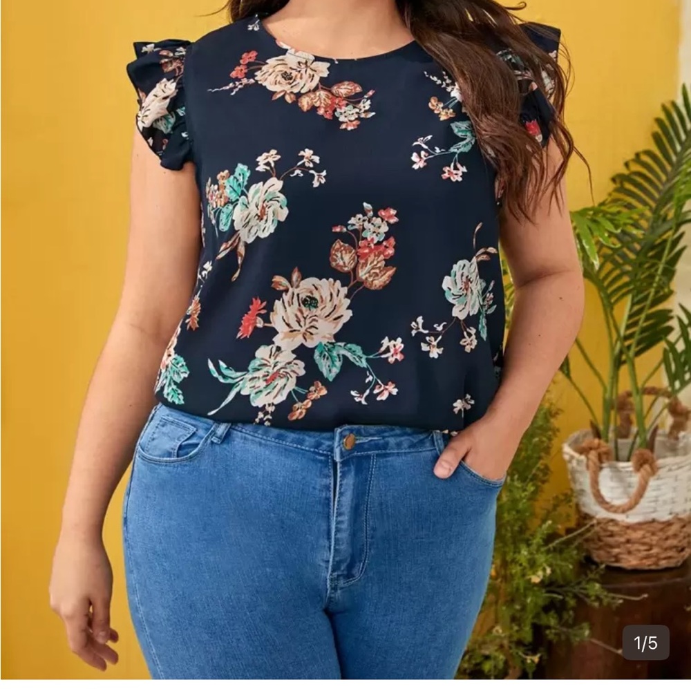 SHEIN Navy Floral Ruffle Sleeve Blouse
